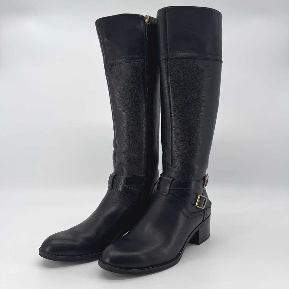 Franco Sarto Lapis Boots Womens 8M Black Leather Knee High Riding Moto Buckle